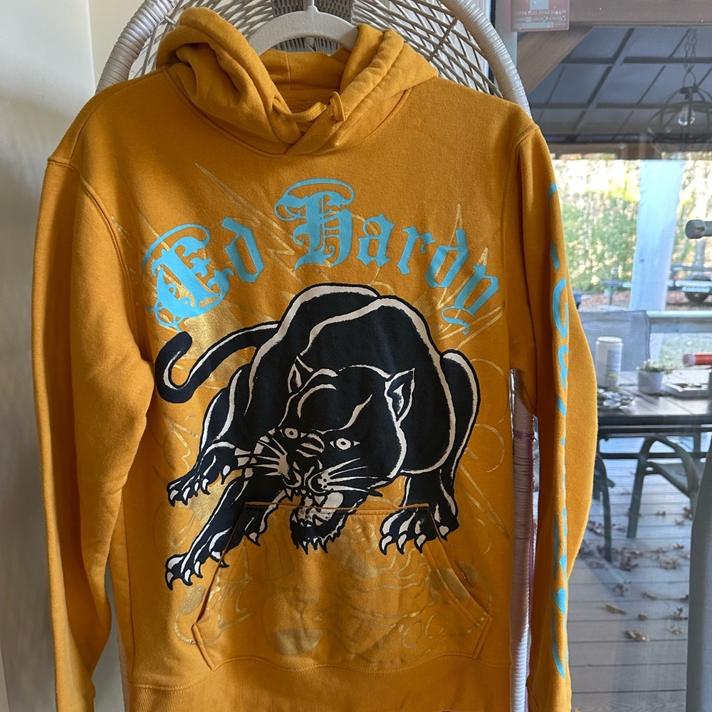 Ed Hardy Men's Mustard Hoodie with Panther Graphic